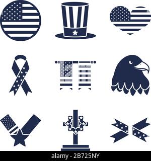 memorial day american national celebration icons set vector illustration silhouette style icon Stock Vector