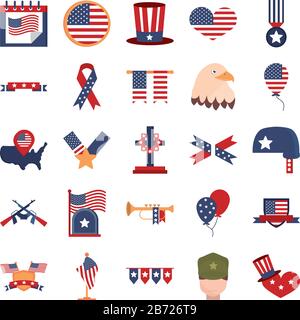memorial day american national celebration icons set vector illustration flat style icon Stock Vector