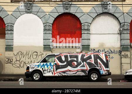 Van with Graffiti. Downtown Los Angeles, California, USA Stock Photo