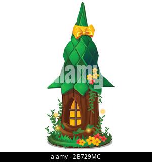 Cute souvenir in the form of a miniature wooden fantasy house isolated on white background. Vector cartoon close-up illustration. Stock Vector