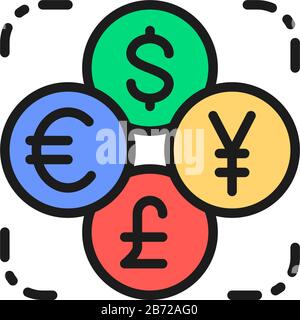 Currency exchange, foreign money, coin of dollar, euro, yen flat color line icon Stock Vector