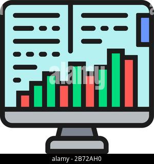 Computer monitor with growth graphs, stock market, finance trade flat color icon Stock Vector