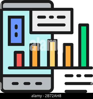 Phone with charts and graphs, mobile presentation flat color line icon. Stock Vector