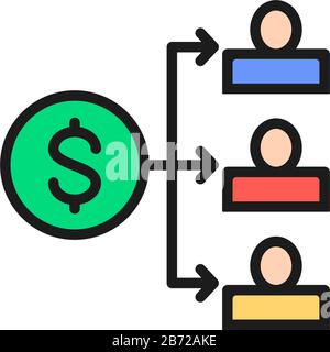Income distribution, dividend payment, salary, money coin with people color icon Stock Vector