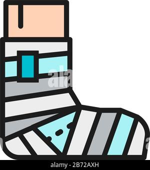 Leg fracture, plaster, elastic bandage flat color line icon. Stock Vector