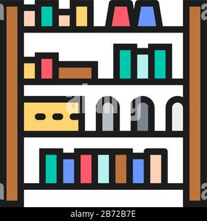 Shelves with hair products flat color line icon. Stock Vector