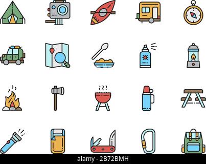Set of Camping Flat Color Line Icons. BBQ, Canoe, Trailer, Gas Lamp and more. Stock Vector