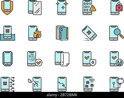 Set of Phone Repair Color Line Icons. Mobile Spam, Protective Glass and more. Stock Vector
