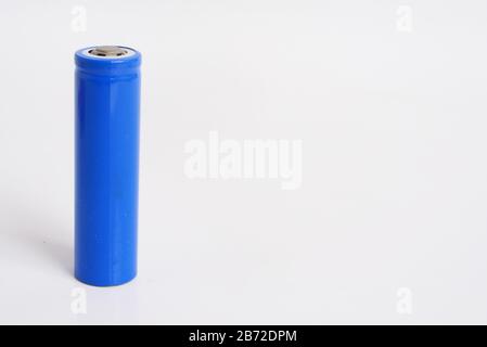 Blue 18650 Rechargeable Li-ion Battery on white background Stock Photo