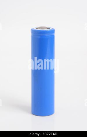 Blue 18650 Rechargeable Li-ion Battery on white background Stock Photo