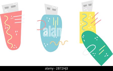 Set of 3 minimalistic vector USB flash drive. Data storage device, computer accessories. Personal data. Stock Vector
