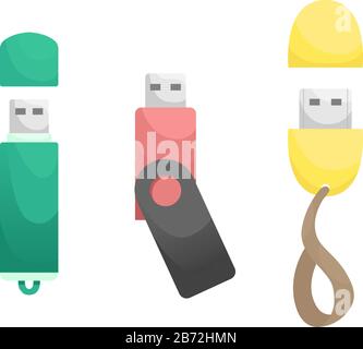 Set of 3 flat vector USB flash drive. Data storage device, computer accessories. Personal data. Stock Vector