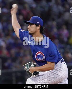 Pitcher Yu Darvish of the Chicago Cubs pitches against the San Diego Padres during the Major League Baseball spring training game in Mesa, Arizona, United States. March 11, 2020. Credit: AFLO/Alamy Live News Stock Photo