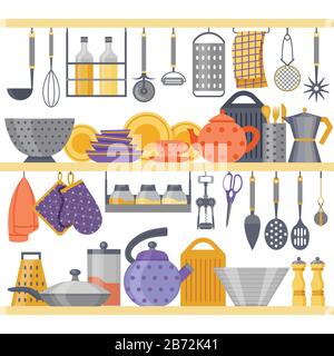Flat Kitchen Shelves with Utensils and Kitchenware Stock Vector