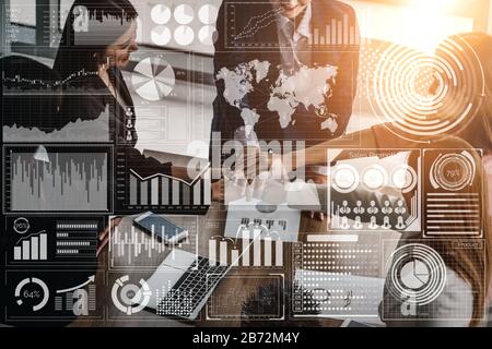 Big Data Technology for Business Finance Analytic Concept. Modern graphic interface shows massive information of business sale report, profit chart an Stock Photo