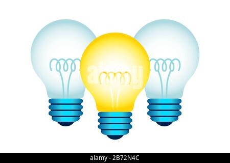 Yellow Light Bulb Icon. Three Incandescent Electric Lamps With Spiral, Light On, Light Off. Vector Graphic Design Element Isolated On White Background Stock Vector