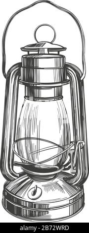 kerosene lamp, vintage decorative decoration, symbol of light hand drawn vector illustration realistic sketch Stock Vector