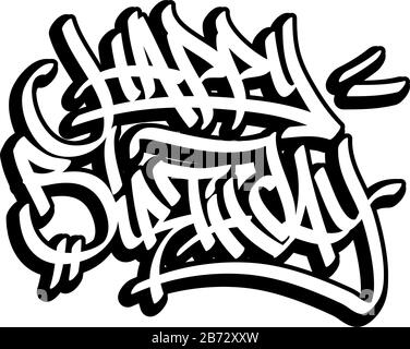 Happy birthday card in graffiti style. Black line isolated on white background Stock Vector