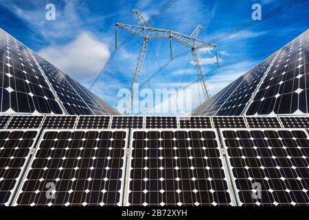 Photo collage of solar panels and high voltage electric pillar - concept of sustainable resources Stock Photo