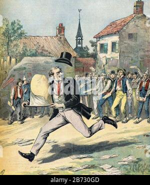 Meyer Henri ( 1841 - 1899 ) - More butter than bread, satire on the aftermath of an election, the member runs away with the butter, the voters are left with a piece of bread - Private collection Stock Photo