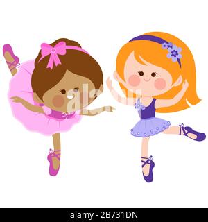 Illustration of two cute ballerina dancer girls dancing. Stock Photo