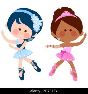 Illustration of two cute ballerina dancer girls dancing. Stock Photo