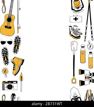 Modern vector patterns in black, white and yellow colors. Seamless vertical borders of camping equipment. Endless brush, stripe for hiking, traveling Stock Vector