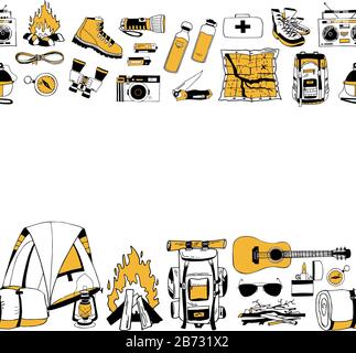 Modern vector patterns in black, white and yellow color. Seamless horizontal borders of camping equipment. Endless brush, stripe for positive travel Stock Vector