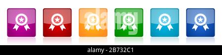 Award icon set, colorful square glossy vector illustrations in 6 options for web design and mobile applications Stock Vector