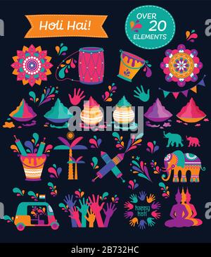 Set of Holi flat icons in indian style. Vector illustration. Stock Vector