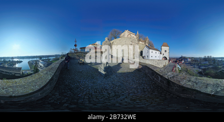 360 degree panoramic view of View of the Hagenbach tower and Rhine in Breisach