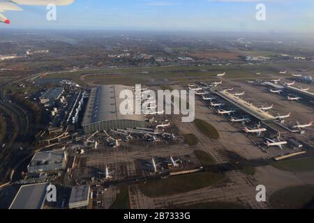 Aerial View of Heathrow Airport Terminal 5, London, UK, 06 March 2020, Photo by Richard Goldschmidt Stock Photo