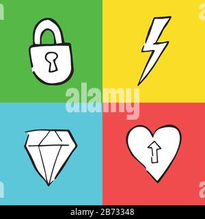 Hand drawn doodle icon objects. Locked padlock, electric, diamond and heart arrow up. Black outlines, white. Colored backgrounds. Stock Vector