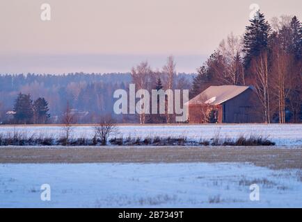 Countryside scenery with old barn and snow on the field. Very calm and peaceful atmosphere of cold day in winter. Stock Photo