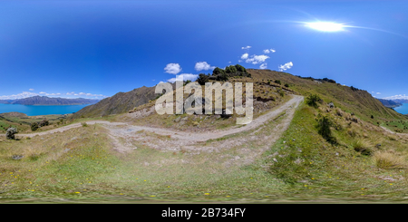 360 degree panoramic view of Lake Hawea, Isthmus track, Wanaka, South Island, New Zealand.