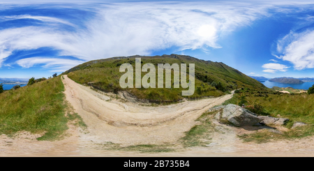 360 degree panoramic view of Lake Hawea, Roys Peak track, Wanaka, South Island, New Zealand.