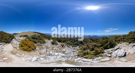 360 degree panoramic view of View from Mount Stokes, Malborough Sounds, South Island, New Zealand.