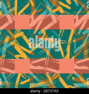 Colorful brush stroke canvas plaid seamless pattern background. Coarse painterly criss cross stripe geometric backdrop. Modern grid weave design Stock Vector