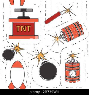 Seamless pattern explosive retro dynamite for mining colorful icon collection flat vector illustration on white background. Stock Vector