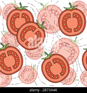 Seamless pattern of slices of tomato with green leaves flat vector illustration on white background. Stock Vector