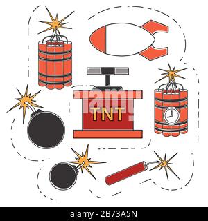 Explosive retro dynamite set for mining colorful icon collection flat vector illustration isolated on white background. Stock Vector
