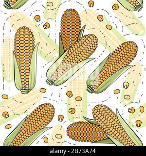 Seamless pattern of corn cob flat vector illustration on white background. Stock Vector