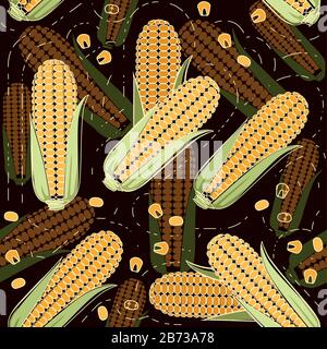 Seamless pattern of corn cob flat vector illustration on dark background. Stock Vector