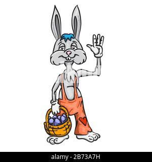 The Easter bunny with a basket full of painted Easter eggs on a white isolated background. Vector image Stock Vector