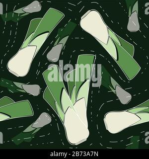 Seamless pattern with green leek vegetable flat vector illustration on dark background. Stock Vector