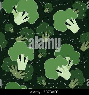 Seamless pattern green broccoli vegetable flat vector illustration on dark background. Stock Vector