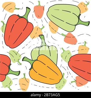 Seamless pattern of colorful bell peppers flat vector illustration on white background. Stock Vector