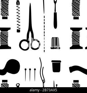 Seamless pattern of black silhouette reel with thread, bobbins, scissors and needle flat vector illustration on white background. Stock Vector