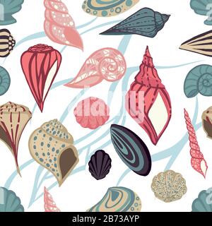 Seamless pattern big different seashell collection colored tropical shells flat vector illustration on white background. Stock Vector