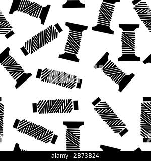 Seamless pattern of black silhouette reel with thread bobbins flat vector illustration on white background. Stock Vector